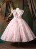 Op maat gemaakte mooie roze bloem meisjes jurken voor bruiloften 2021 vrij formele meisjes lange kanten jurken schattige satijnen puffy tule pageant jurk