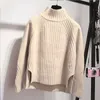 Autumn Winter Women's Turtleneck Split Knitwear Short Pullover Long Sleeve Loose O-Neck Solid Cashmere Base Shirt 11743 210508