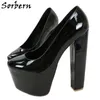 Sorbern 19cm mulheres negras vestido sapatos Bomba deslizamento na plataforma invisível bloco de salto redondo de salto alto costume multi cores