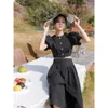 Korobov Women Sets Coreano Primavera Estate Vintage Gonne solide Set Set a maniche a soffio Pulsanti Top e tasche Skirt casual Suits 210430