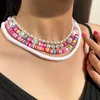 Chaînes 4pcs Boho rose poterie douce argile perlée collier ras du cou pour femmes multicouche coloré perles perles chaîne plage cadeaux bijoux