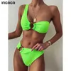 INGAGA One Shoulder Bikini Women's Swimsuit High Waist Swimwear Sexy Rings Biquini Black Ribbed Beachwear Brazilian Bikinis 210702