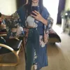 Czeski V Neck Peacock Flower Print Długie Kimono Koszula Etniczne Nowe Sznurowanie Sashes Long Cardigan Luźna Bluzka Topy Femme 210323