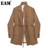 [EAM] femmes Vintage Bandage marron Blazer cranté à manches longues coupe ample veste mode printemps automne 1DD4708 211122