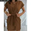 Dress For Women Short Sleeve Solid Color High Waist Party Draped Criss-Cross Bandage Bow es Sukienki Letnie 210515