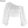 Элегантное с плеча белая блузка твердый плиссированный верхушка стильный корейский леди старинный фонарик рукав все матча Blusas 210519