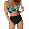 Women Floral Swimsuit Two Piece Retro Halter Ruched High Waist Bikini Print Set Women's Swimwear