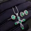 Bracelet, boucles d'oreilles collier naturel et véritable émeraude ensemble de bijoux en argent Sterling 925 1 pc pendentif croix, 1 pc anneau, 2 pièces boucle d'oreille