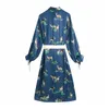 우아한 여성 블루 동물 인쇄 드레스 패션 숙녀 새틴 사이드 슬릿 드레스 스트리트웨어 여성 세련된 새시 Vestidos 210427