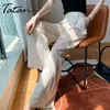 女性の固体サテンシルクパンツ広い脚の緩いカジュアル夏のベージュのズボンのオフィスの着用エレガントなハイウエストパンツ210514