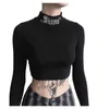 Vrouwen Zwart Bodycon Lange Mouw Crop Tops Gothic Harajuku Brief Borduurwerk Vintage Solid Tops Vrouwelijke Casual Basic Tops 210527