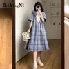 Plaid Midi Robes Femmes Kawaii Noeud Papillon À Manches Courtes Casual Ceintures Vintage Surdimensionné Preppy Robe Filles Coréenne Vêtements 210506