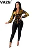 VAZN 2020 New Arrival Open Vintage Hollow Out Sexy Club Unusual Bandage Full Sleeve Top Group Long Pants Slim Women 2 Piece Set Y0625
