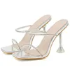 Pantofole Sexy Peep Toe Donna Fashion PVC Transparent Crystal Shinestone Slifts Cancella Strani Tacchi Sandali Sandali Scarpe da sposa signore