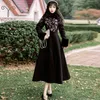 YOSIMI Inverno Ricamo Wintage Cappotto di lana con collo in pelliccia Gonna stile Capispalla Panno Maxi Lana calda Lungo Donna Nero 210604