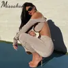 Missakso Sexy Spalle scoperte Manica lunga Crop Top Gonna Streetwear Donna Estate Grigio Moda Strappato Corrispondenza 2 pezzi Set 210625
