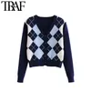 TRAF Women Cardigan Vintage Stylish Geometric Pattern Short Knitted Sweater Fashion Long Sleeve England Style Outerwear Chaqueta 211011