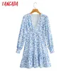 Tangada Mode Kvinnor Lace Patchwork Blå Blommor Print Dress V Neck Långärmad Ladies Mini Dress Vestidos SY173 210609