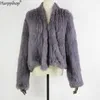 Dzianiny Rabbit Fur Coat Slim Jack Real Hand Orygine Jacket / Sheareed 211019