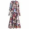 Women vintage contrast color ink painting print casual sashes long Dress ladies stand collar bow tied vestido Dresses DS3047 210603