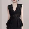 Retro elegante dames ruches zwarte potlood jurk zomer vrouwen mouwloze v-hals hoge taille split sexy jurken met riem 210519