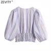 Zeefity vrouwen vintage cross v-hals kleurrijke gestreepte print korte slanke blouse vrouwelijke bladerdeeg mouw shirt chique chiffon tops LS9136 210603