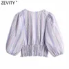 Zevity Women Vintage Cross V Neck Färgglada Striped Print Kort Slim Blus Kvinna Puff Sleeve Tröja Chic Chiffon Toppar LS9136 210603