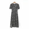 VUWWYV Retro Black Floral Dress Women Summer Elegant Party Midi Woman Short Sleeve Ladies es V-Neck Side Slit 210430