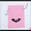 Halloween Linen 6 Styles DrawString Bags Kids Gifts Pouch Candy Bat Skull Witch Pumpkin Decorations Uje2H Gift Wrap LM6WE