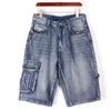 Męskie Plus rozmiar luźne, workowate dżinsowe krótkie męskie dżinsy moda Streetwear Hip Hop długie 3/4 Capri szorty Cargo kieszonkowe bermudy męskie niebieskie