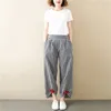 Bomull och linne Plaid Bloom Pant Kvinnor Sommar Retro Lös Casual Byxor Kvinna Plus Storlek Elastisk Hög Midja Harem Byxor Q0801