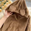 New women's cute bear ears patchwork faux lamb fur fabric warm hooded sweatshirt and shorts twinset suit