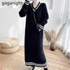 Dorywczo rozciągliwe kobiety dzianiny maxi sukienka z długim rękawem v szyja dziewczyny wiosna jesień sukienki bodycon koreański vestidos 210601