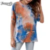 O-hals Drop Schouder Tie Dye T-shirts Dames Zomer Korte Mouw Pullover Vrouwelijke Tops Tee Losse Casual T-shirt 210510