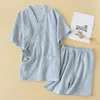 Japanese style kimono ladies solid color short sleeve + shorts pure cotton double gauze pajamas sleep pants suit plus size 210830