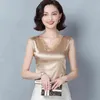 Coréen soie haut pour femme femme Satin sans manches Blouses haut grande taille solide col en V Blouse dentelle Blusas Femininas Elegante 210427