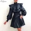 Mode féminine A-ligne à volants col montant lanterne manches taille haute ceinture rétro en cuir Pu Mini robe 210525