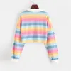 Polo Shirt Femmes Sweat-shirt à manches longues Rainbow Couleur Sweats à capuche avec bouton rayé Style coréen 210809