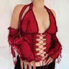 Women T-Shirt Backless Halter Ribbed Tie Front Top Long Sleeve Cut Out Lace Up Patchwork Sexy Ladies Bodycon Clothing 210522