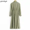 Yenkye Vintage Solid Color Long Maxi Dress Women Donne Front Knot Wasleve LASSE LAVEVE COLLAR A-LINE Inverno Casual Inverno TOBE 210515