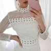 Mulheres vestido de gola de gola de gola hem branco laço es oco out manga longa sexy plus size bohemian es 210513