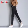 Calças de brim da cintura alta feminina Estiramento estilo coreano preto calças de veludo quente e tamanho solto denim namorado para as mulheres 210428