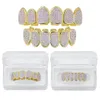 18K Gold Plated Macro Pave Pink Color CZ Iced Out Teeth Grillz Set Halloween Vampire Teeth