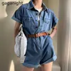 Summer Denim Short Jumpsuit Women Sashes Pockets Sleeve Bodycon Rompers Wide Leg Palysuits Jeans Overalls 210601