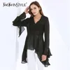 Элегантная тонкая рубашка для женщин v шеи flare flare рукав туника черная блузка женская мода стиль одежды 210524