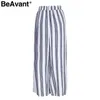 Beavant Sexy Split Largo Perna Listrado Calças Mulheres Verão Casual Cintura Alta Calças Elastic Chic Beach Calças Calças Femme 210709