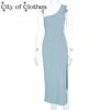 Casual Sukienki 2021 Elegancki Jednostronny Szczur Sexy Długa Dress Lato Kobiety Moda Streetwear Stroje Party Club Bodycon Blue Solid Sundress