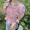 Yitimuceng Folds Blouse Women Straight Bow Shirts Korean Fashion Short Puff Sleeve Square Collar White Pink Tops Summer 210601