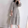 Японскихsev Vaily Print с длинным рукавом платья для женщин весна O-шеи Flunced Edge Vestido Mujer Slim талия женская одежда 210514