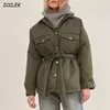 Za veste d'automne pour femmes avec poche de ceinture Parkas minces kaki femme chemise d'hiver Parka manteaux Armygreen surdimensionné Outwears 211018